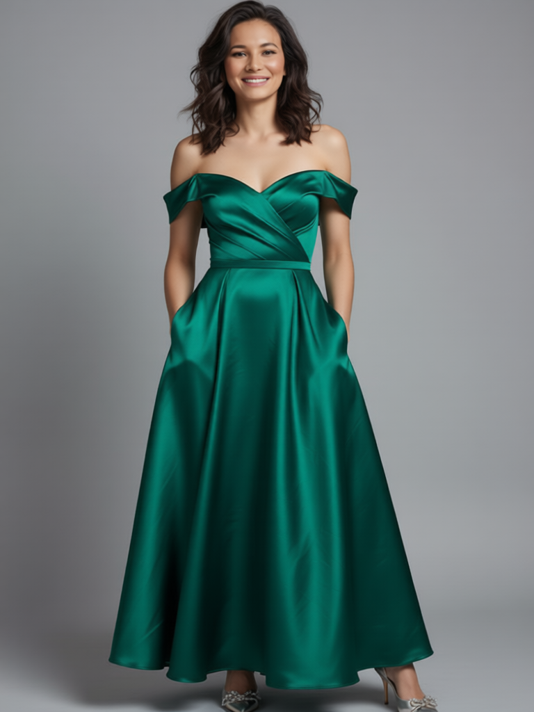Illustrative edited image: an adult woman wearing an emerald evening gown